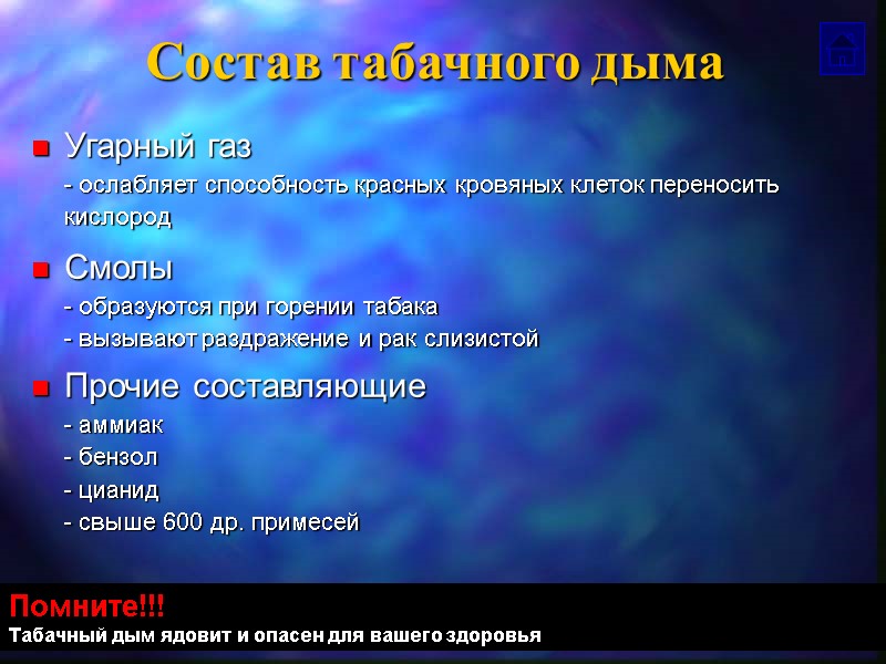 Состав табачного дыма Помните!!! Табачный дым ядовит и опасен для вашего здоровья Угарный газ
